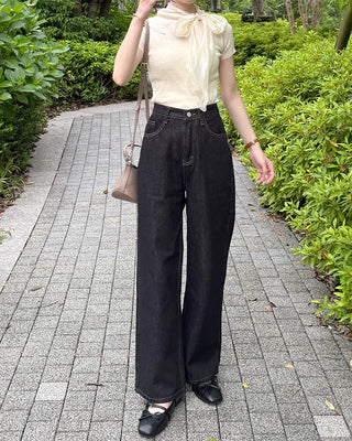 Satin ribbon short-sleeved blouse