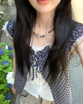 Checked layered off-shoulder blouse