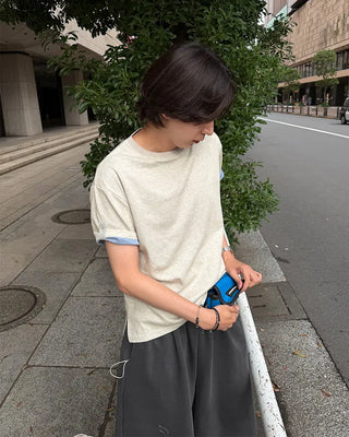 (Unisex) Roll-up Point Bi-color Short-Sleeve T-Shirt