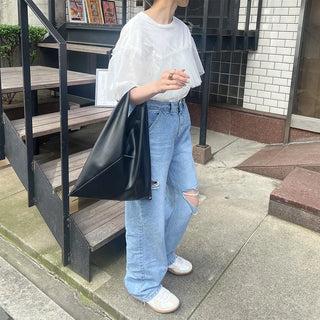 Distressed straight denim pants