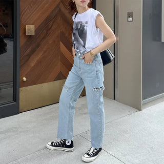 Distressed denim pants