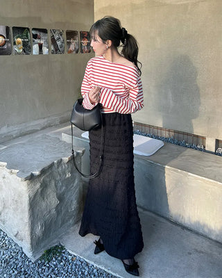 Border boat neck asymmetrical T-shirt