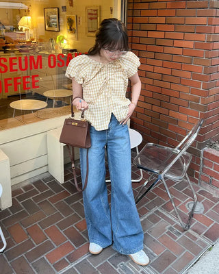 Checked Shirred V-Neck Blouse