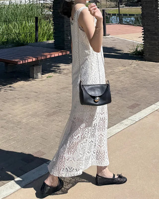 Perforated detail square neck long dress