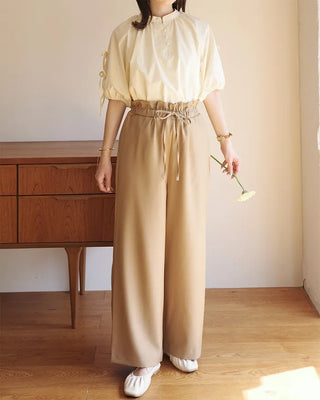 (ORIGINAL) Henley Neck Ribbon Balloon Blouse