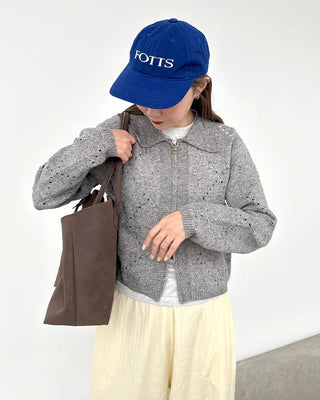 Perforated Collar Knit Zip-Up