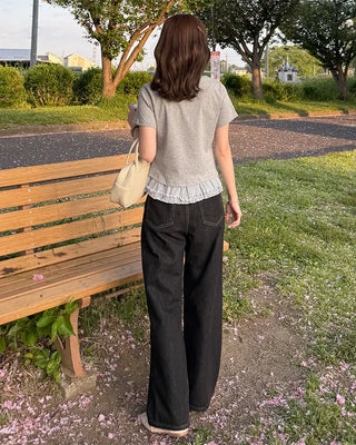 Checked ribbon frill short-sleeved T-shirt