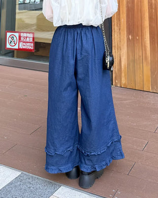 Frilled denim cotton wide-leg pants with elastic waistband