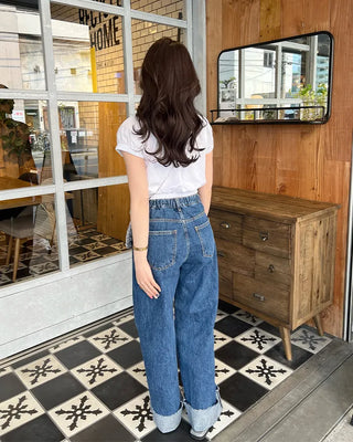 Rolled-up denim wide-leg pants