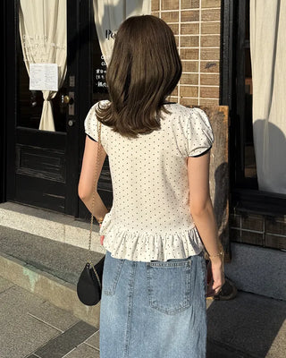 Dot neck string short-sleeved T-shirt