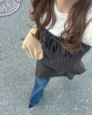 Shirred check sleeveless mini dress