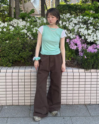 See-through two-tone short-sleeve T-shirt