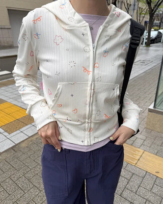 Sketch Pattern Rib Zip-Up Hoodie