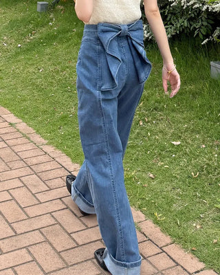 Back ribbon frill denim pants