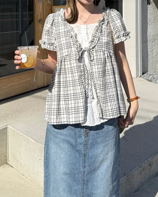 Front Ribbon Check Puff Sleeve Top