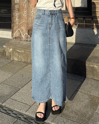 H-line elastic waist long denim skirt