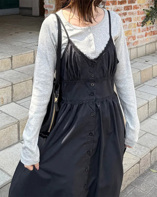 V-neck button slip long dress