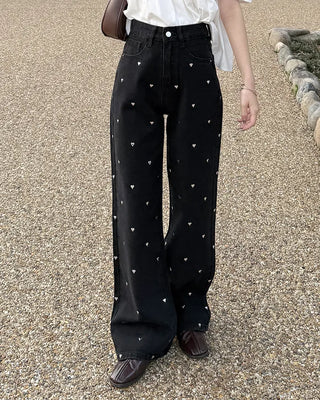 Heart-patterned denim pants