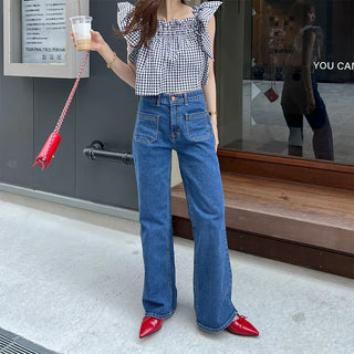 Gingham check frill blouse