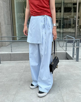 Striped layered wrap skirt set with banding pants