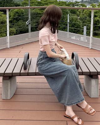Wrap long denim skirt