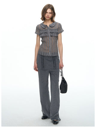 [NECY] Pin Stripe Ruffle Lace Skirt Pants