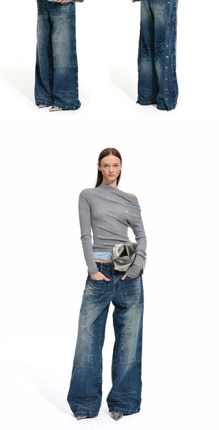 [NOTAWEAR] Washed Wide Leg Jeans with Side  Snap