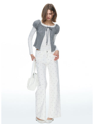 [NECY] Ribbon Allover White Jeans
