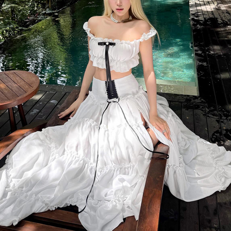 Slit ruffle lace up ruched white maxi skirt – Uncut-Trends
