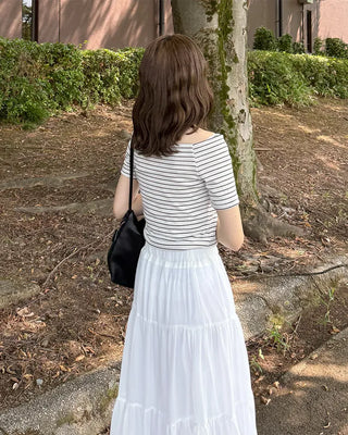 Striped short-sleeved off-shoulder T-shirt