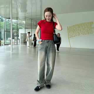 Gray wash denim wide pants