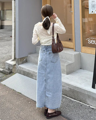 Front slit slim fit denim long skirt