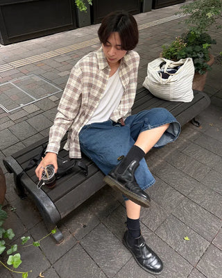 Oversized seersucker check long-sleeved shirt