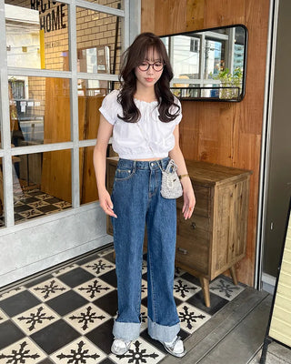 Rolled-up denim wide-leg pants