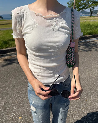 Flower Sheer Scallop Short Sleeve T-Shirt