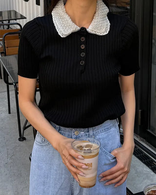 Pearl-embellished color-accented short-sleeved knit