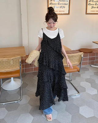 Wrinkle Dot Frill Long Dress