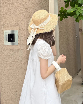 Ribbon Strap Rattan Fedora Hat