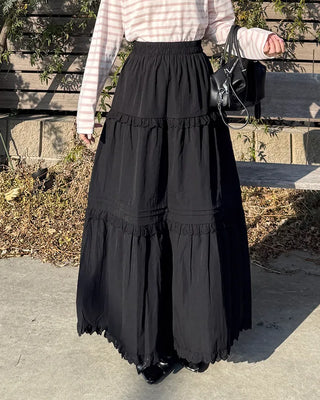 Lace tiered flared long skirt