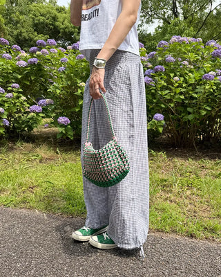Shirred wide-waist gingham check pants