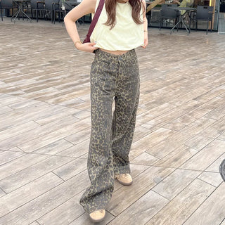 Leopard print denim pants