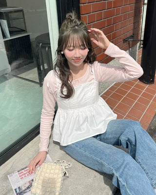 Half-open neck simple ribbed long-sleeve T-shirt