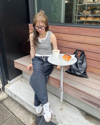Striped wide banding pants