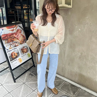Drop-shoulder sheer shirt
