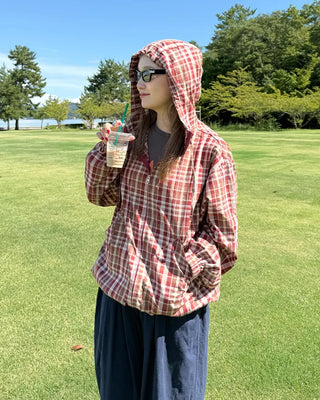 (Unisex) 2-Way Check Hooded Windbreaker