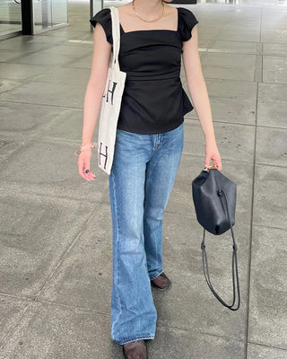 Frilled square neck shirred blouse