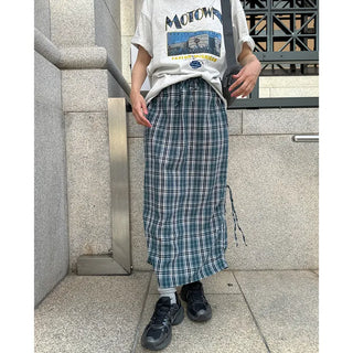 Checked ribbon strap long skirt