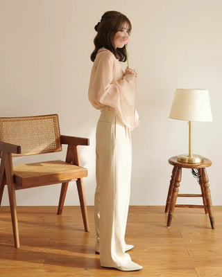 (ORIGINAL) Round Collar Button Sheer Blouse