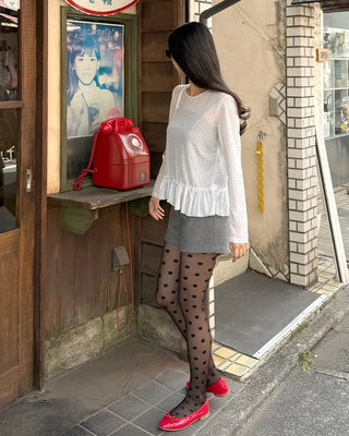 Dot Shirring High Neck Long Sleeve T-Shirt