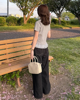Checked ribbon frill short-sleeved T-shirt